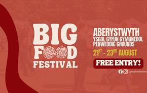 Promotional graphic for Big Food Festival Aberystwyth on a red background with a darker red wave design down the left side. The Big Food Festival logo